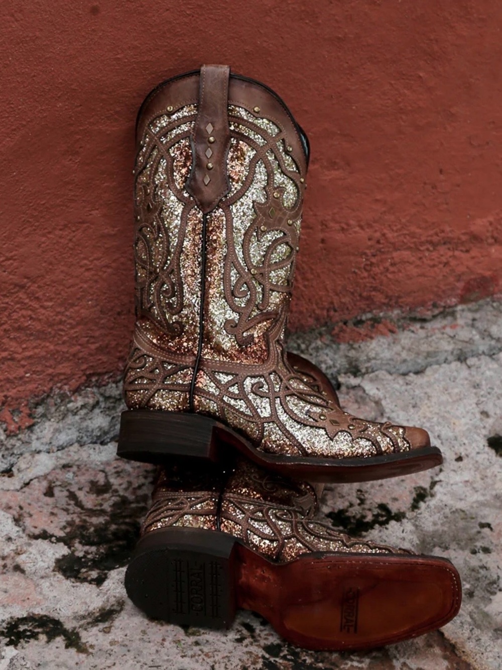 Corral NWT ORIX Glittered Inlay and Studs Brown Square Toe Cowboy Boot